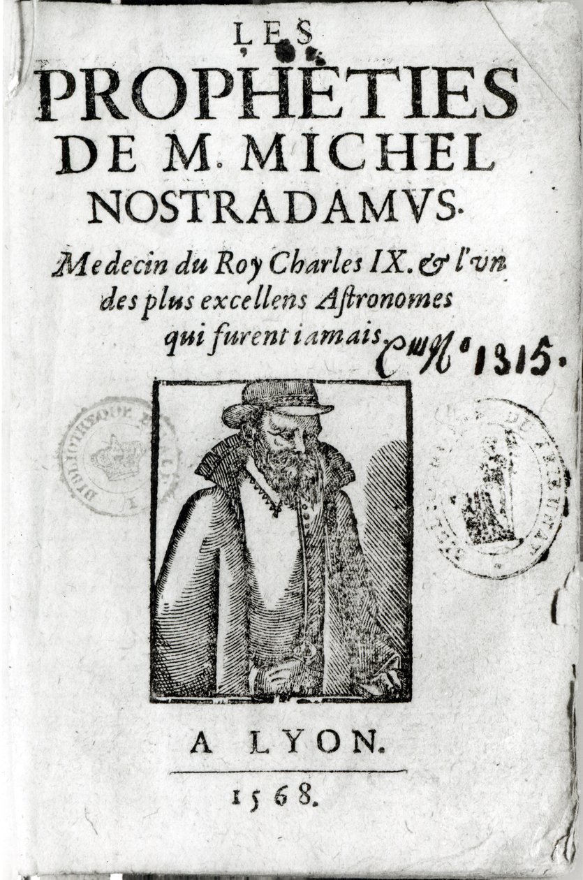 صورة إلى Les Propheties de M. Michel de Nostradamus (1503-66) ، مع صورة لنوستراداموس ، نُشرت في ليون 1568 بواسطة المدرسة الفرنسية