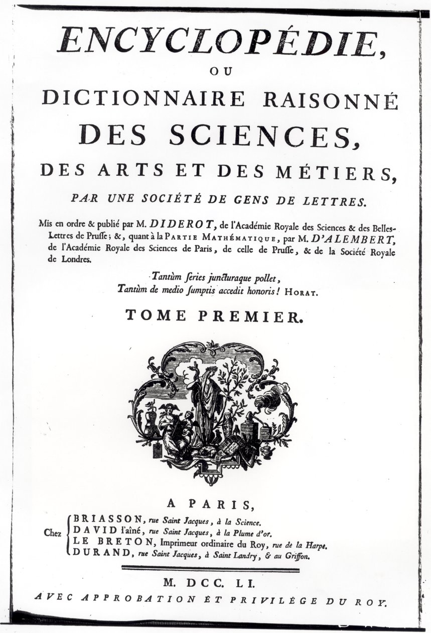 واجهة لموسوعة العلوم والفنون والهندسة بقلم دينيس ديدرو (1713-1784) المنشورة في باريس ، 1751 بواسطة المدرسة الفرنسية