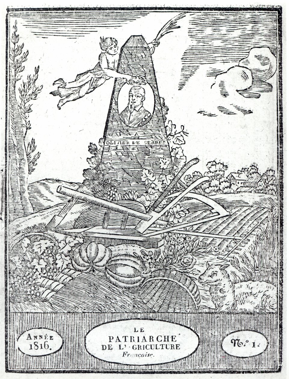 صورة لواجهة مناجم زراعية مع صورة لأوليفييه دي سيريس (1539-1619) 1816 بواسطة المدرسة الفرنسية