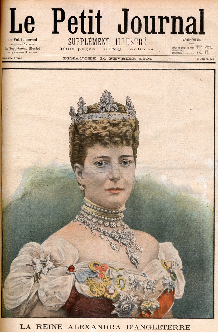 الصفحة الأولى لملكة الصحف الفرنسية ألكسندرا ملكة إنجلترا (1844-1925) زوجة الملك إدوارد السابع "Le Petit Journal" في 24 فبراير بواسطة المدرسة الفرنسية