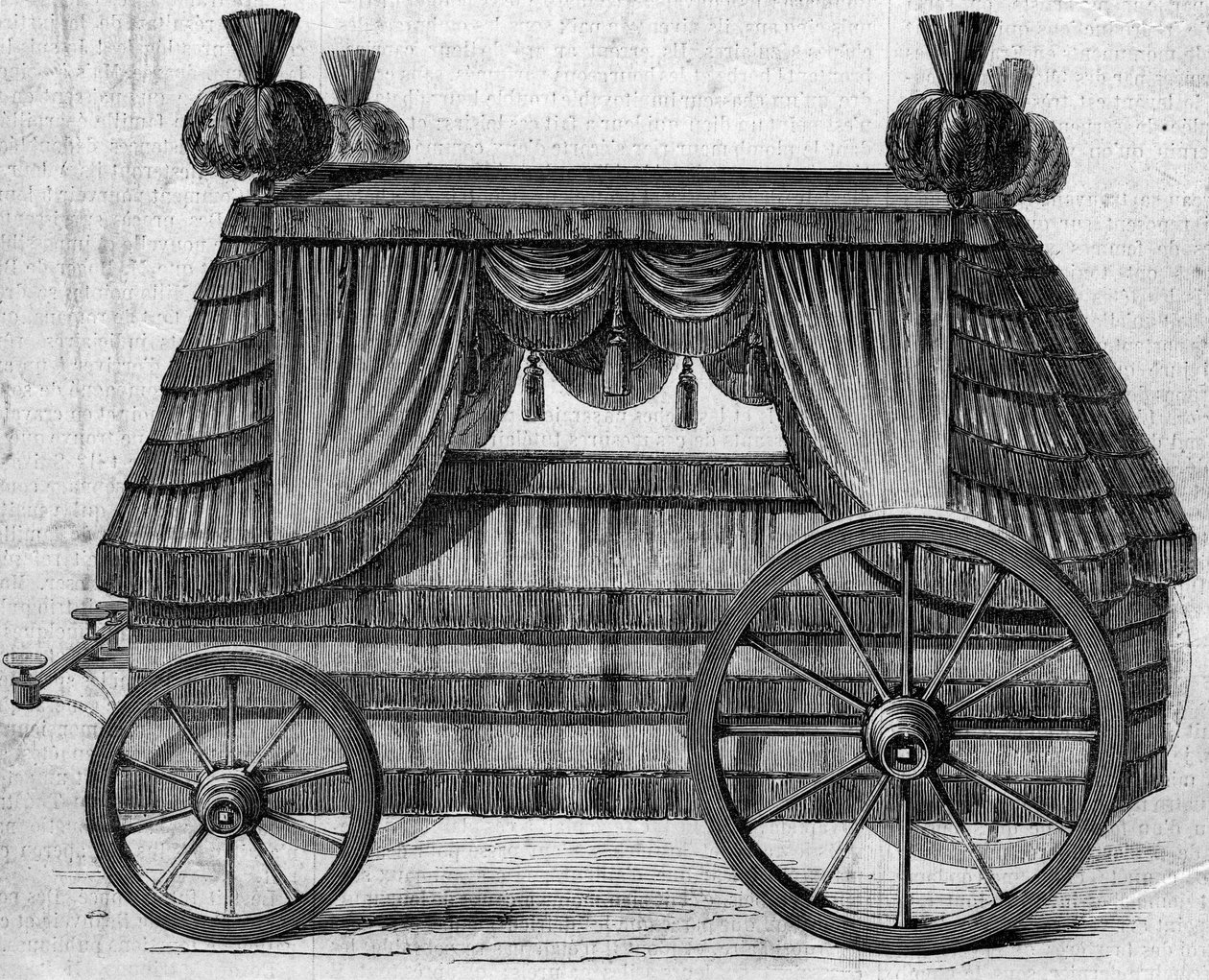 عربة جنازة للإمبراطور نابليون الأول (1769-1821) إلى سانت هيلين (سانت هيلين) قدمتها ملكة إنجلترا فيكتوريا الأولى لنابليون الثالث في عام 1858. نقش في "" Le Monde Illustré "" رقم 76 بتاريخ 25 سبتمبر 1858. بواسطة المدرسة الفرنسية