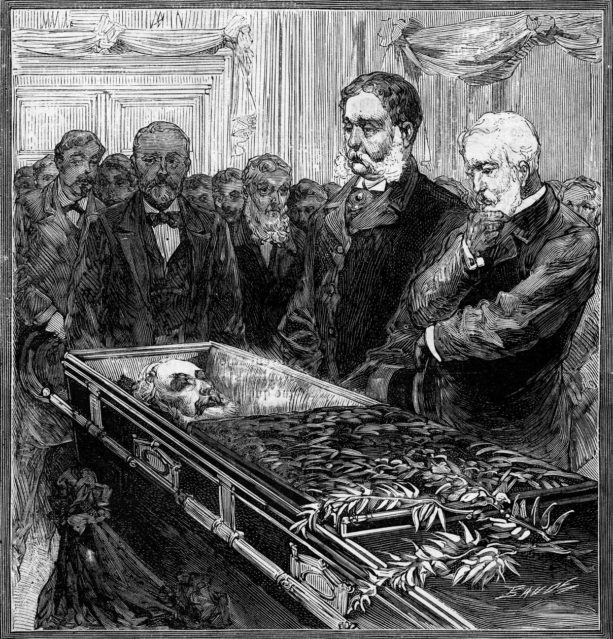 جنازة جيمس أبرام غارفيلد (1831-1881) ، رئيس الولايات المتحدة: بديله ، تشيستر آلان آرثر (1830-1886) والوزير بلين أمام التابوت تحت قبة مبنى الكابيتول بواشنطن. نقش في "" Le Monde Illustré "" رقم 1282 من بواسطة المدرسة الفرنسية