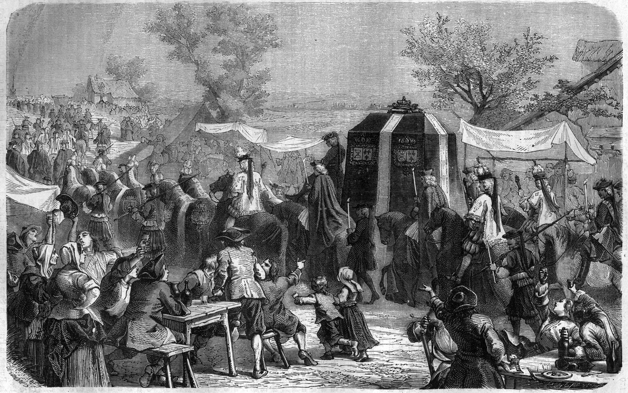 جنازة لويس الرابع عشر في عام 1715. نقش في "Histoire des Papes-Rois-Queen و Empereurs à travers les years" بقلم موريس لاكاتر بواسطة المدرسة الفرنسية