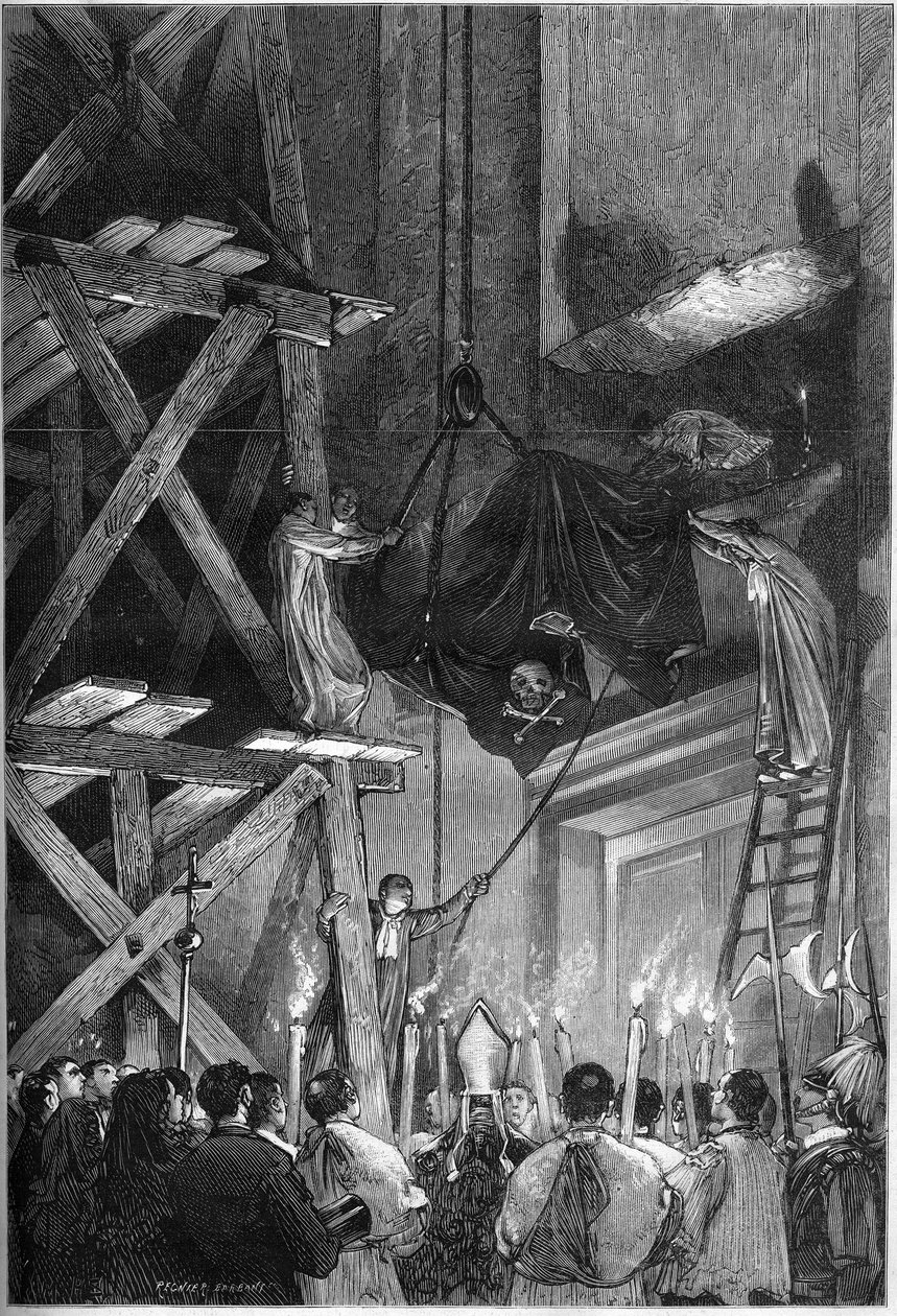 جنازة البابا بيوس التاسع (بيو) (1792-1878): دفن الجثمان في بازيليك القديس بطرس في روما. نقش في "" Le Monde Illustré "" رقم 1093 بتاريخ 9 مارس 1878. بواسطة المدرسة الفرنسية