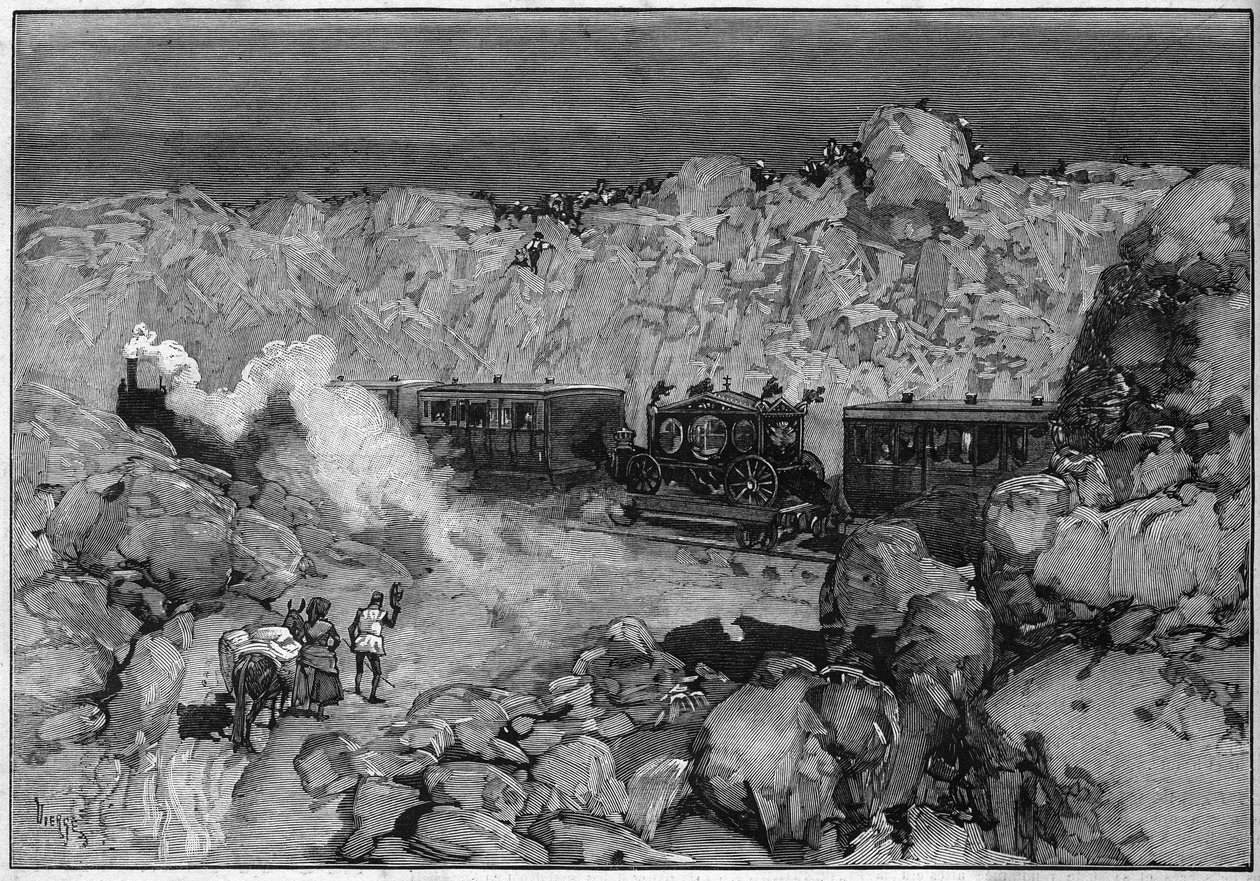 جنازة ملكة إسبانيا مرسيدس أورليانز (ماريا دي لاس مرسيدس دي أورليانز) (1860-1878): قطار جنازة الإسكوريال. نقش في "" Le Monde Illustré "" رقم 1112 بتاريخ 20 يوليو 1878. بواسطة المدرسة الفرنسية