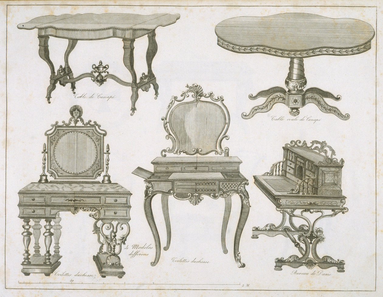 تصميمات الأثاث من تصميم Lefevre-Chauveaux ، من ألبوم Dessins de Meubles ، نقش بالأبيض والأسود بواسطة المدرسة الفرنسية