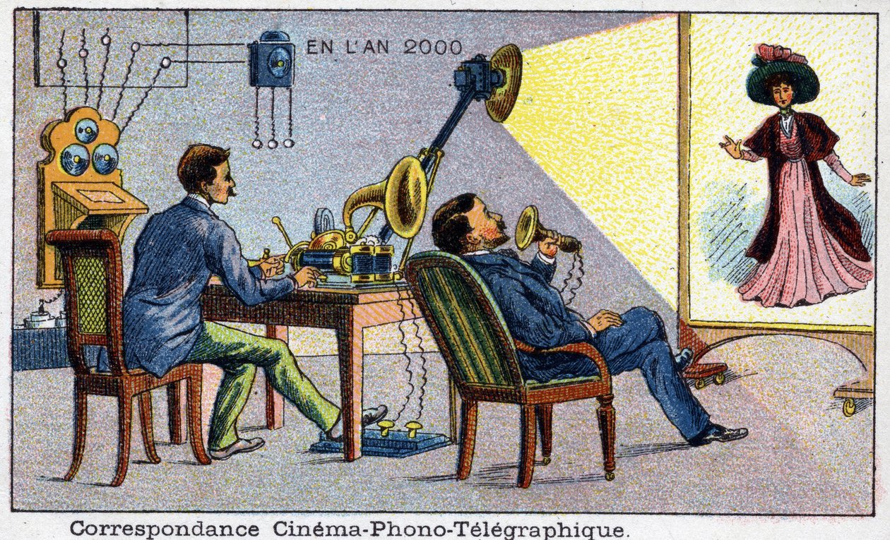 المستقبل: رؤية القرن التاسع عشر لعام 2000 - Serie "" En l'year 2000 ": سينما بالمراسلات Phono Telégraphique (Visiophone). الطباعة الحجرية الملونة بواسطة فيلمارد بواسطة المدرسة الفرنسية