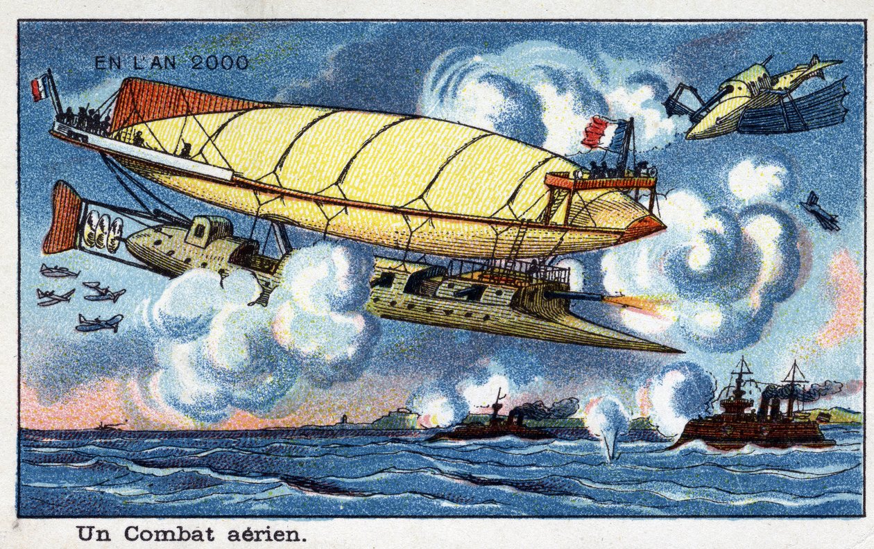 أيام المستقبل: رؤية القرن التاسع عشر لعام 2000 - الدوري الإيطالي "" En l'year 2000 ": un Combat air - Chromolithography by Villemard بواسطة المدرسة الفرنسية