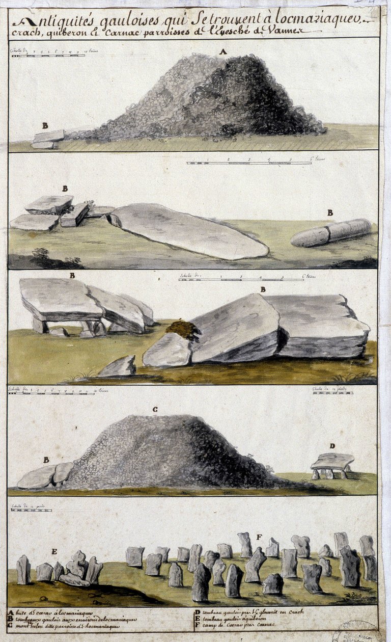 الآثار الغالية الموجودة في Locmaziaquev و Crach و Quiberon و Carnac ، أبرشيات Eveche de Vanne - في "" الوصف التاريخي والطبوغرافي والطبيعي لبريتاني "" بقلم Robien بواسطة المدرسة الفرنسية