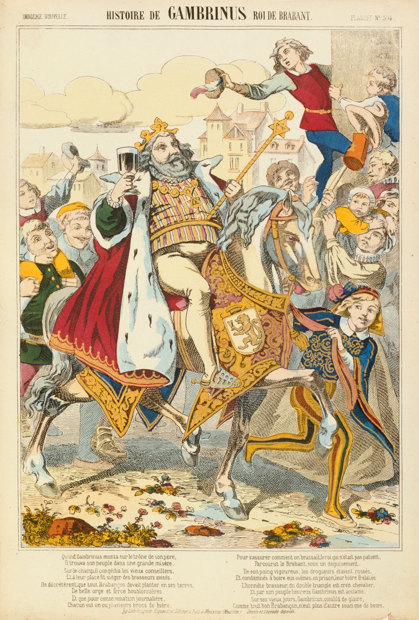 Gambriunus ، ملك فلاندرز الأسطوري ، ورقة عريضة نشرها Verlag Haguenthal ، Pont-a-Mousson ، 1860 بواسطة المدرسة الفرنسية