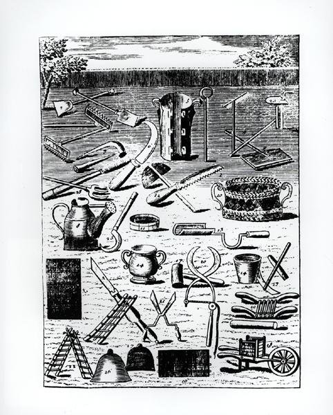 أدوات الحديقة ، من "The Flower Gardener" ، بواسطة Louis Liger d'Auxerre (1658-1717) ، نُشرت عام 1787 (نقش) (صورة بالأبيض والأسود) بواسطة المدرسة الفرنسية