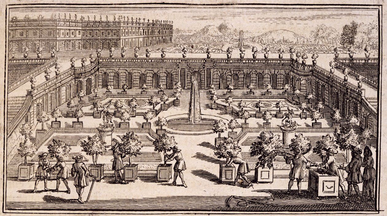 يعمل البستانيون في حديقة برتقالية ، من Le Parfait Jardinier ، أو Instruction pour les Jardins Fruitiers et Potager ، بقلم جان دي لا كوينتيني ، تم نشره عام 1695 بواسطة المدرسة الفرنسية