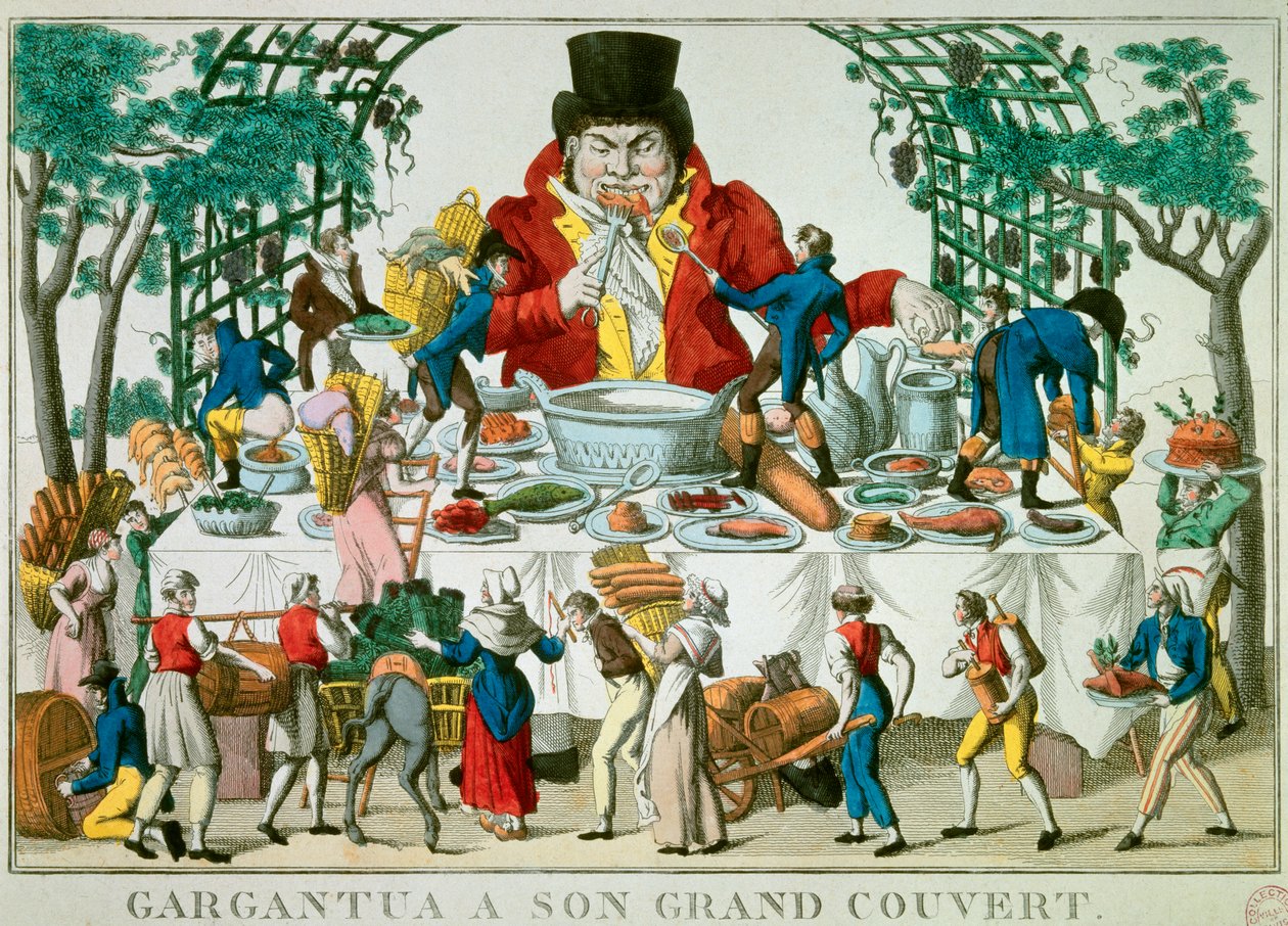 Gargantua character of the novels by Francois Rabelais (1494-1553), French writer. Gargantua has a large canopy and has all kinds of dishes. Prints of the 19th century Paris, Musee Carnavalet بواسطة المدرسة الفرنسية