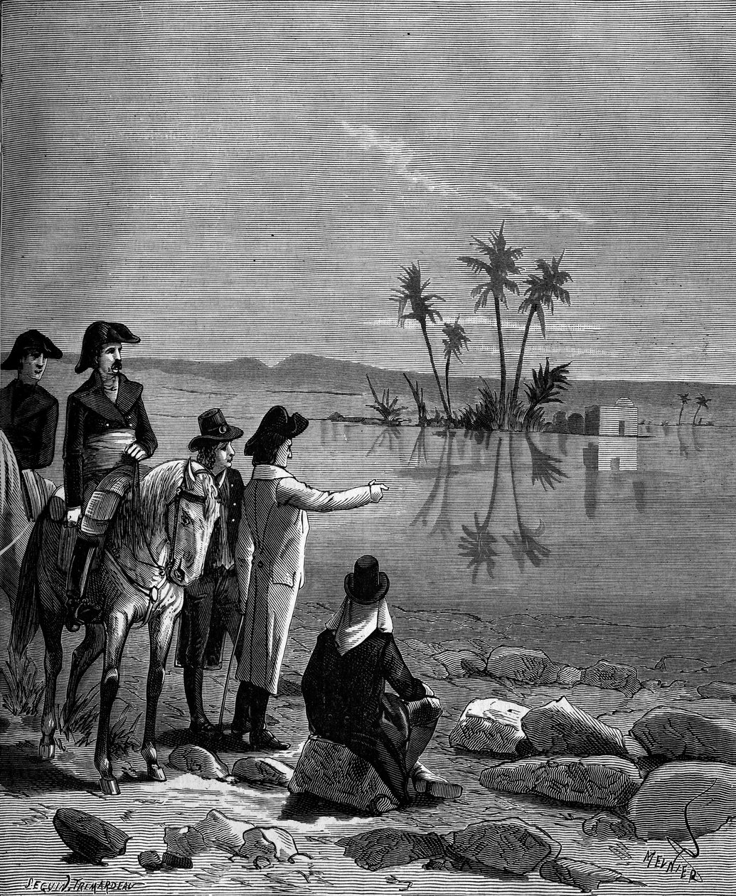 غاسبار مونج ، كونت بيلوس (1746 - 1818) ، عالم رياضيات فرنسي أثناء الحملة (البعثة) لمصر (1798-1801) لاحظ ظاهرة السراب. بواسطة المدرسة الفرنسية