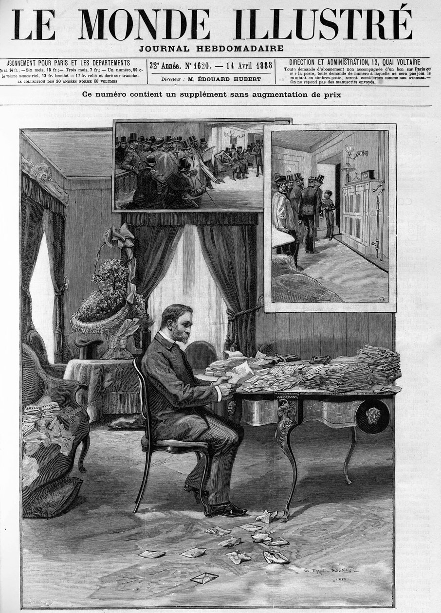 يواصل الجنرال جورج بولانجر (1837-1891) في فندق اللوفر فحص المراسلات في "لوموند لامع" في عام 1888. بواسطة المدرسة الفرنسية