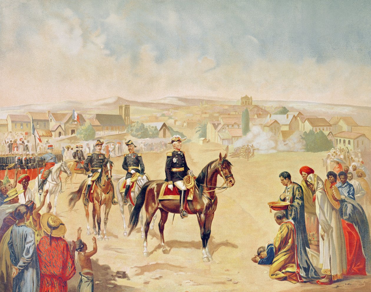 الجنرال جاك أشيل دوتشيسن (1837-1918) يدخل تاناناريف ، مدغشقر ، 1 أكتوبر 1895 (نقش ملون) بواسطة المدرسة الفرنسية