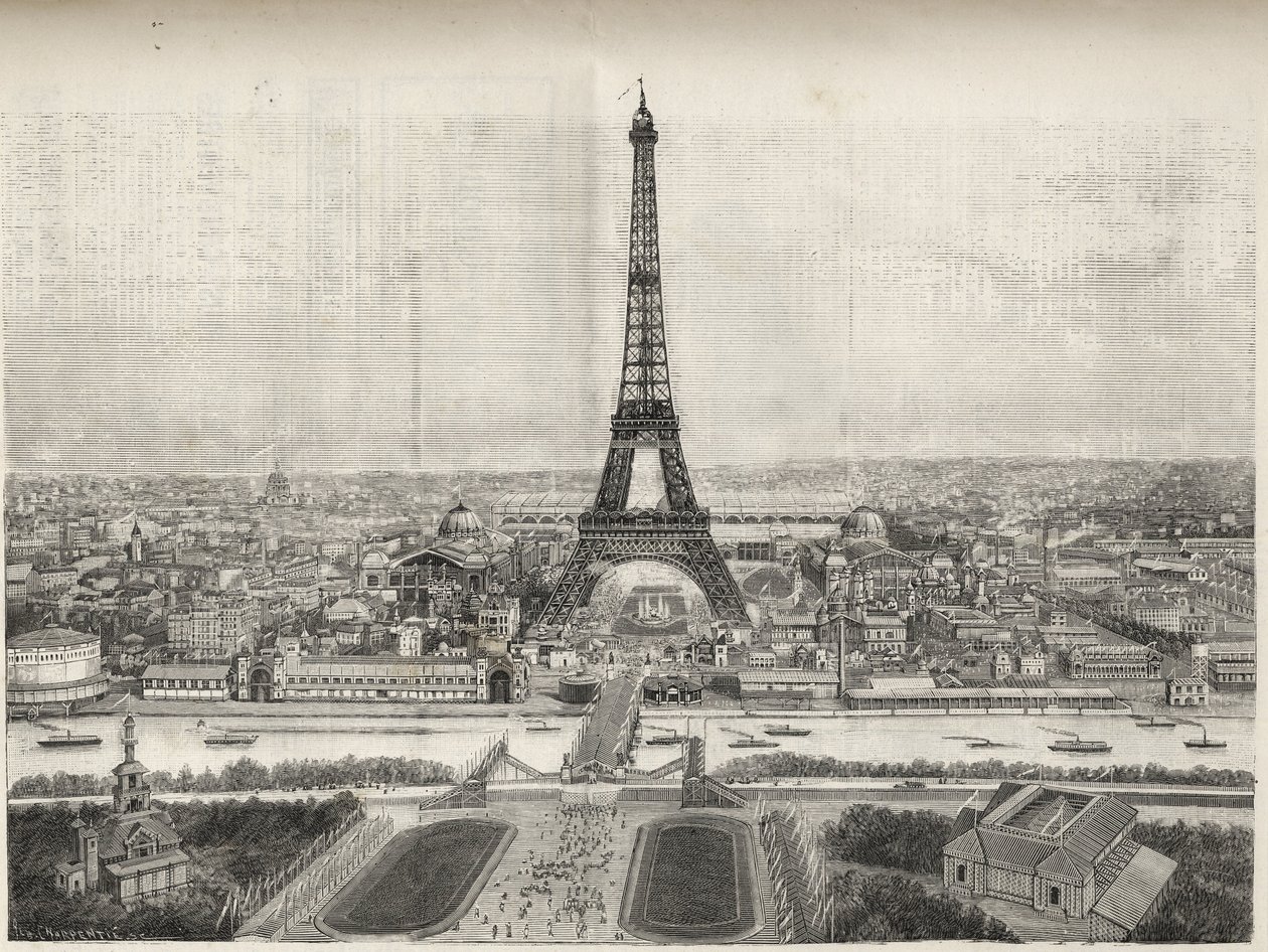 منظر عام للمعرض العالمي في باريس عام 1889 مع برج إيفل من تروكاديرو ، نقش - منظر عام للمعرض العالمي في باريس عام 1889 مع برج إيفل ، نقش في لوموند لامع دي 1889 بواسطة المدرسة الفرنسية