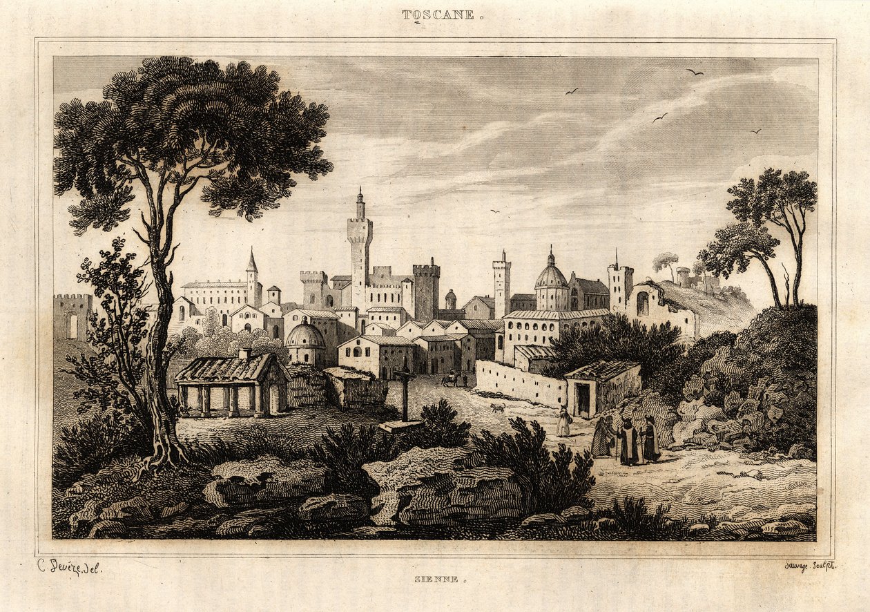 General view of Siena (Siena) in Tuscany, engraving by C. Deveze in “Italy picturesque””, Amable Coste editor بواسطة المدرسة الفرنسية