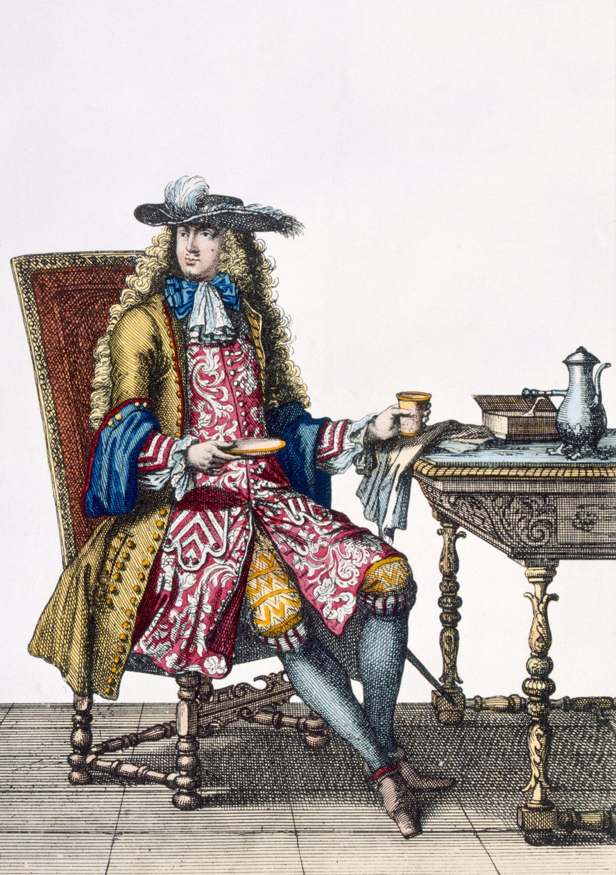 ملابس Gentlemans Elaborate Outfit ، 1760 88: صدرية وغطاء وقبعة مطرزة من السادة. 99: ذكر ؛ لباس تقليدي؛ لباس تقليدي موضه؛ ج 18 ؛ جالس مكتب؛ التبويب بواسطة المدرسة الفرنسية