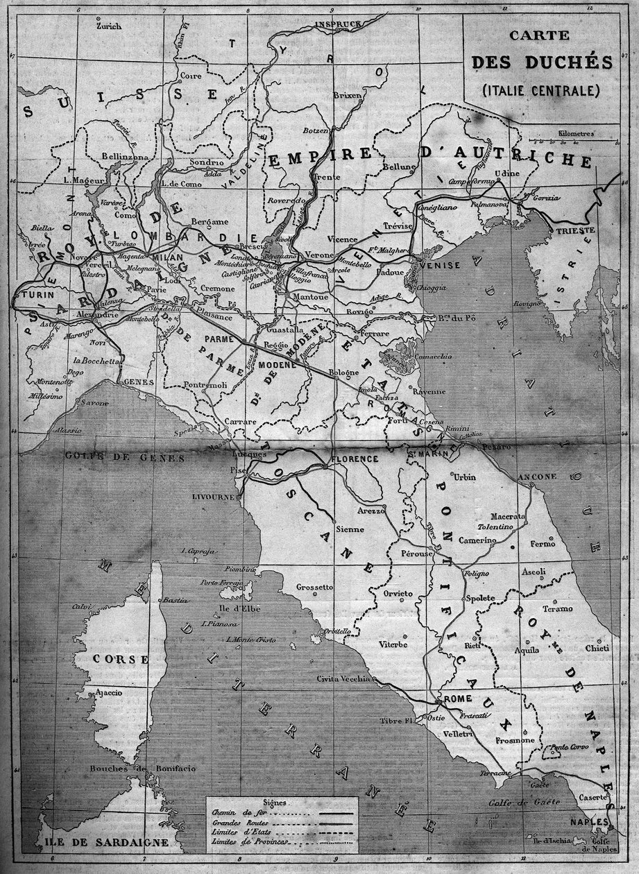 خريطة جغرافية لدوقة وسط إيطاليا عام 1860. نقش في "" Le Monde Illustré "" رقم 143 بتاريخ 7 يناير 1860. بواسطة المدرسة الفرنسية