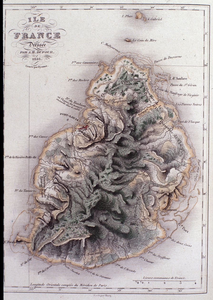 Geographic map of Mauritius (Anc. Ile de France) - engraving بواسطة المدرسة الفرنسية