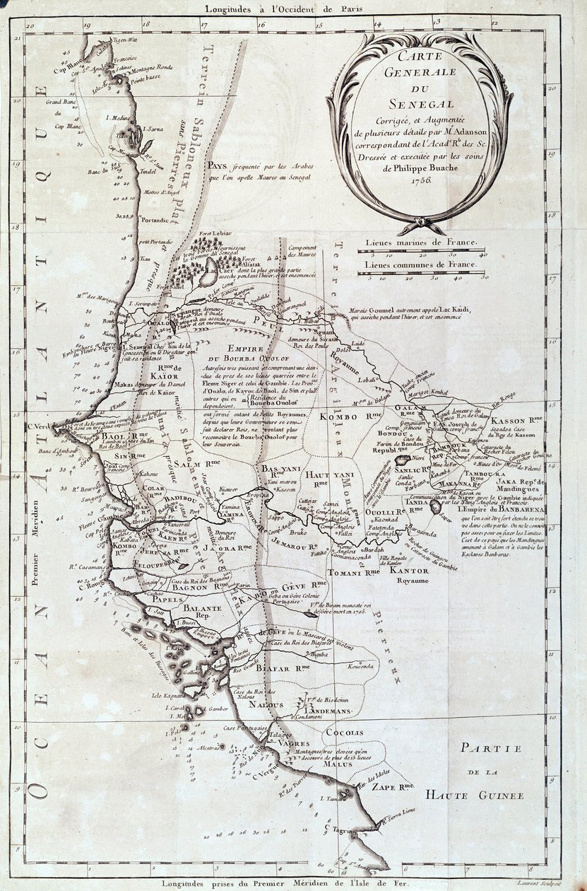 خريطة جغرافية للسنغال مأخوذة من أطلس رسمها فيليب بواشي (1700-1773) 1756 باريس ، متحف التاريخ الطبيعي بواسطة المدرسة الفرنسية