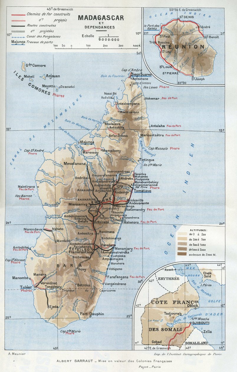 خريطة جغرافية لمستعمرة مدغشقر وتوابعها وريونيون وساحل الصومال الفرنسي. في "La mise en valeur des colonies francaises"، ألبرت سارو بواسطة المدرسة الفرنسية