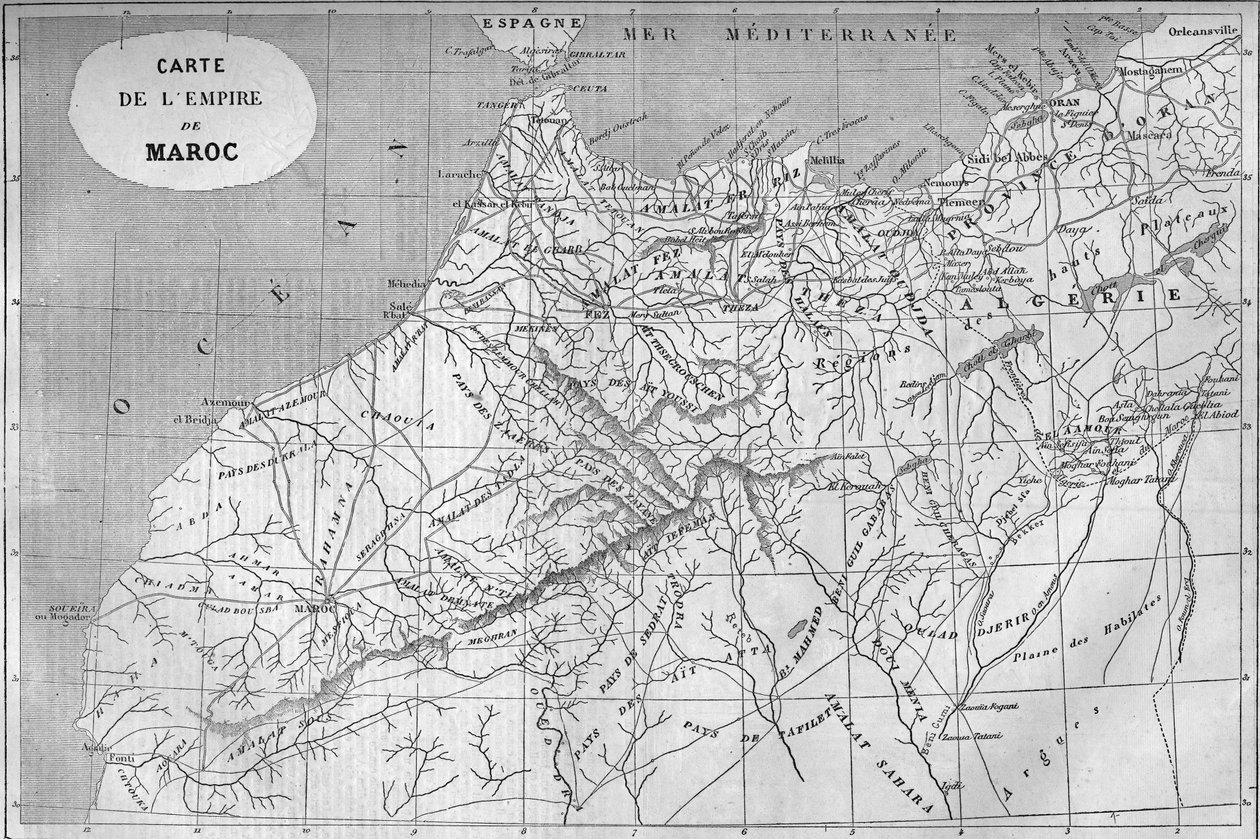 خريطة جغرافية لإمبراطورية المغرب عام 859. نقش في "" Le Monde Illustré "رقم 129 بتاريخ 1 أكتوبر 1859. بواسطة المدرسة الفرنسية