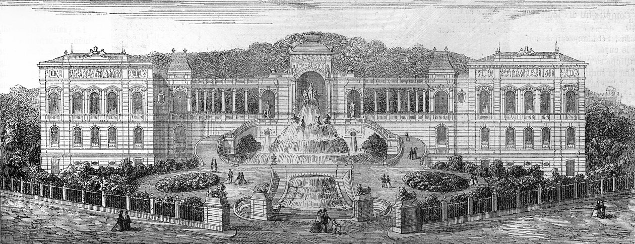 منظر هندسي لقصر لونجشامب في مرسيليا ، بوش دو رون (13) ، بناه هنري جاك إسبيرانديو (1829-1874) عام 1862. نقش في "" Le Monde Illustré "" رقم 681 بتاريخ 30 أبريل بواسطة المدرسة الفرنسية