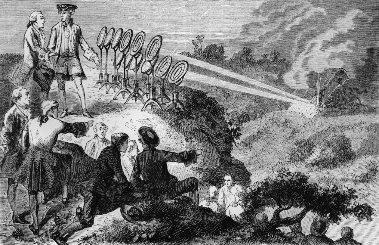 جورج لويس لوكلير (1707-88) يقوم كونت دي بوفون بتجربة مرايا متوهجة على أكوام القش في مونبارد ، من La Vie des Savants Illustres بقلم لويس فيغير ، نُشر في باريس عام 1872 (وزن الجسم ص بواسطة المدرسة الفرنسية