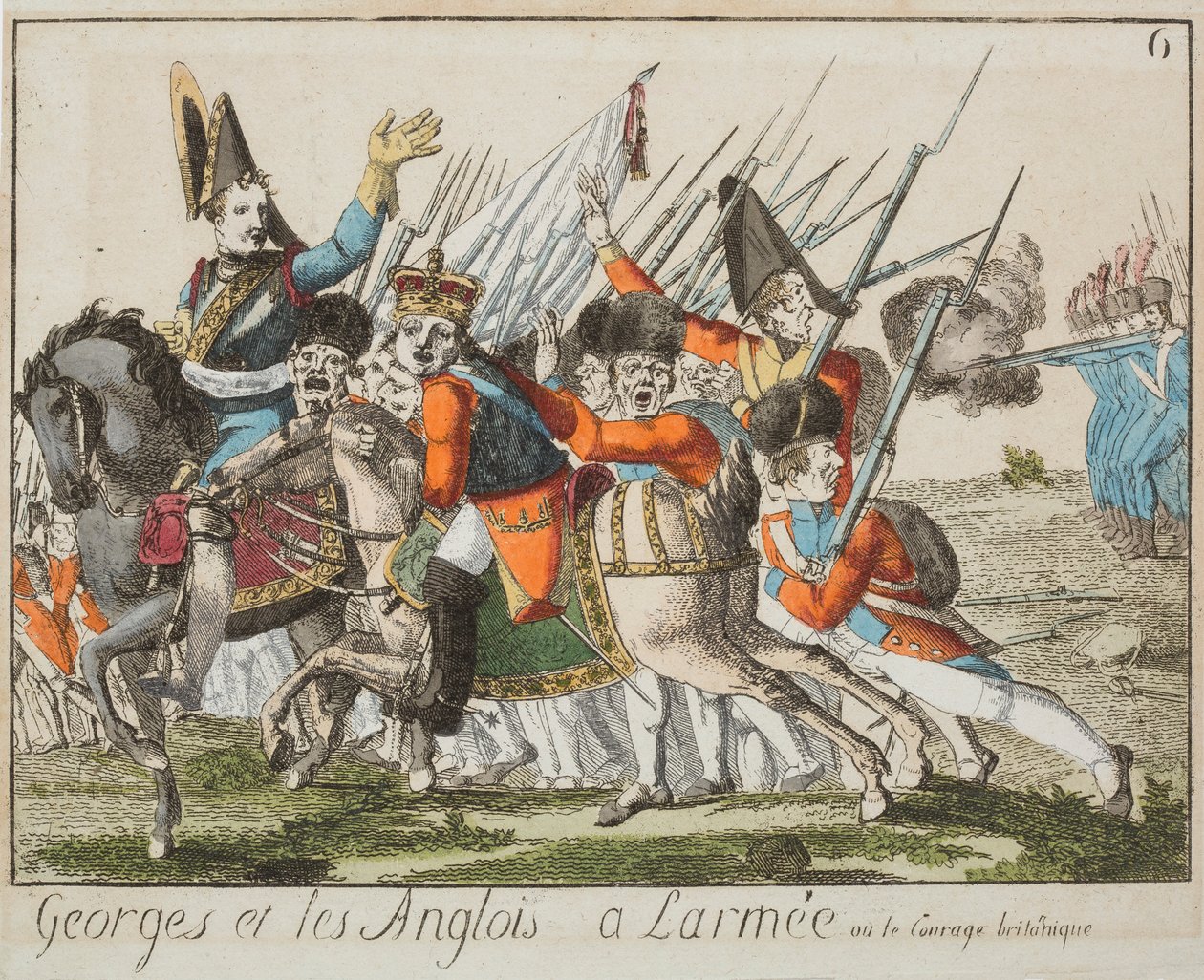 جورج والإنجليز في الجيش حوالي 1803-4 (نقش ملون) بواسطة المدرسة الفرنسية