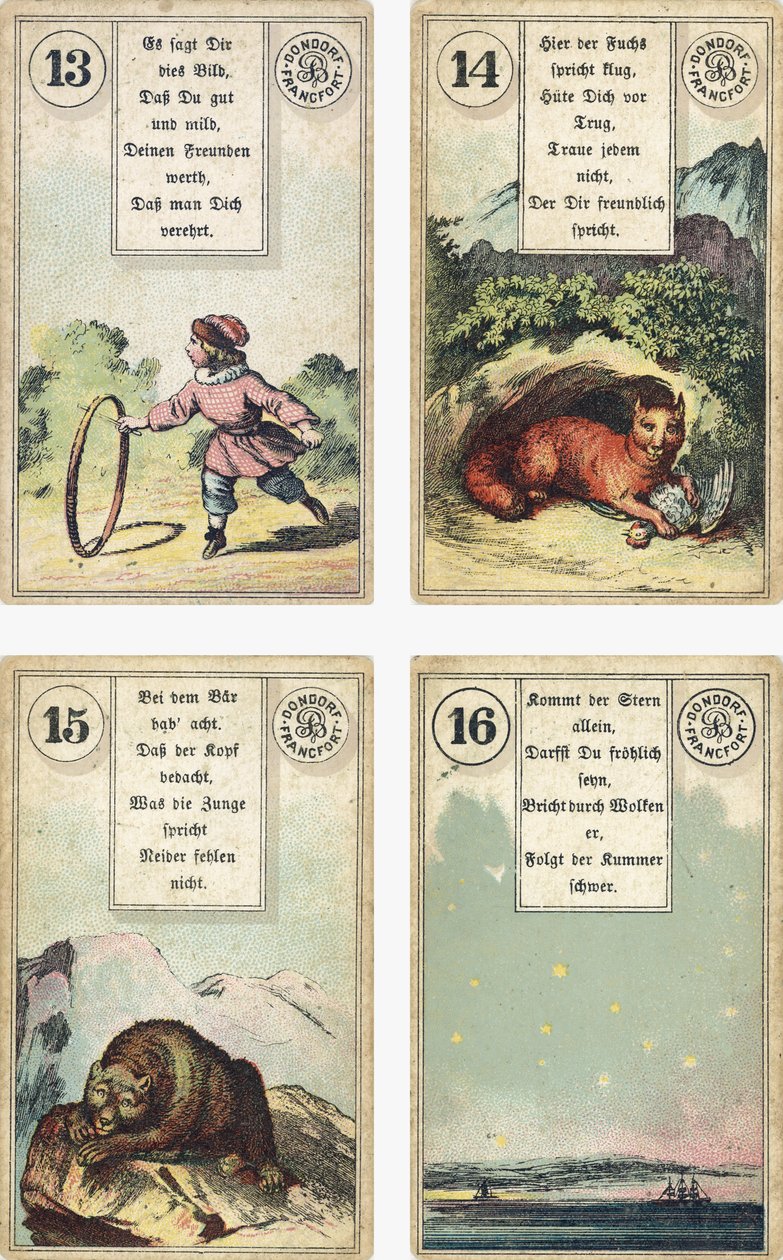 النسخة الألمانية من سطح Lenormand الفرنسي لطبقة Cartomancy: The Child ، The Fox ، The Bear ، The Star ، نشرتها Dondorf ، فرانكفورت ، القرن التاسع عشر بواسطة المدرسة الفرنسية