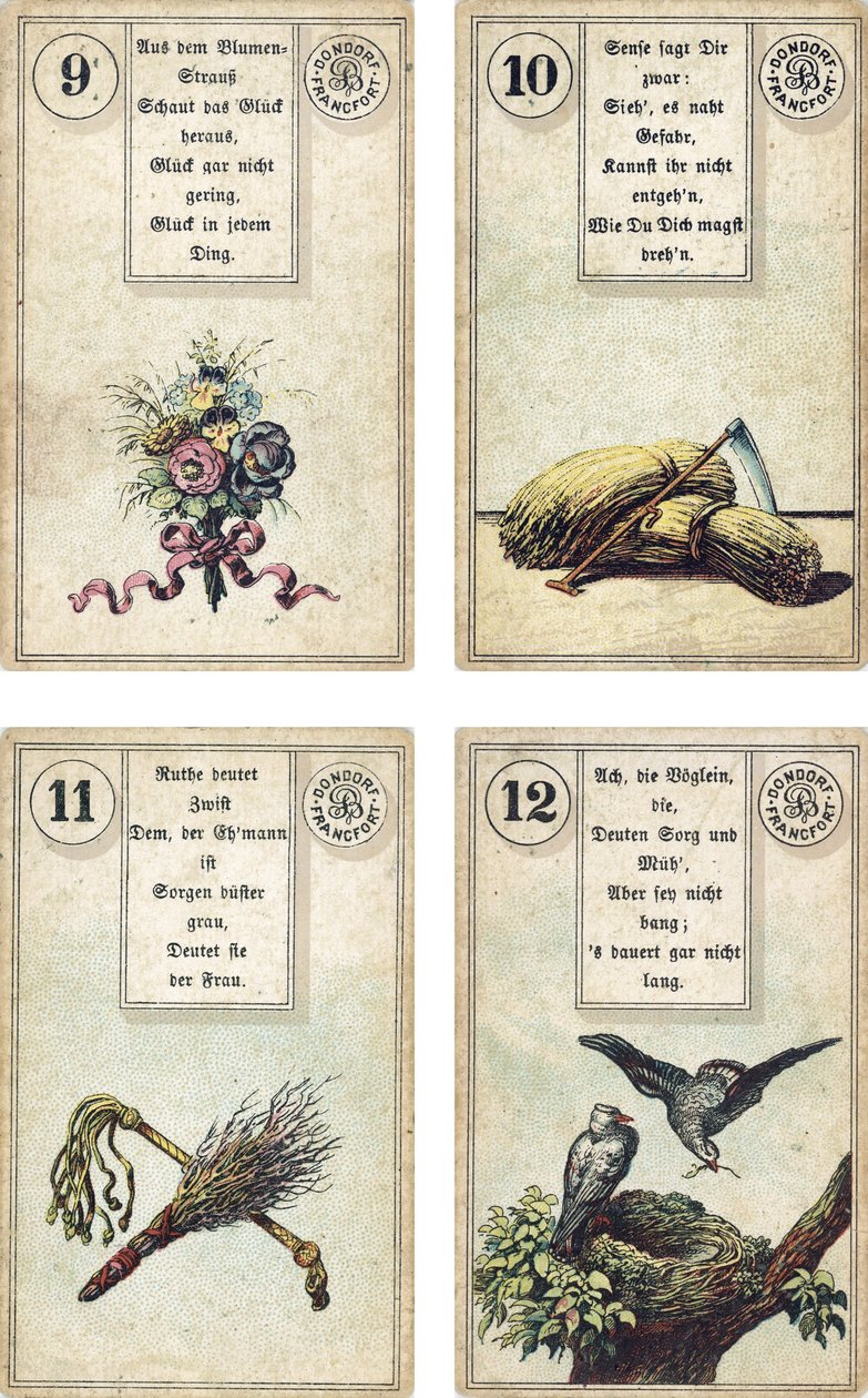 طبعة ألمانية من سطح Lenormand الفرنسي لكراتين: الزهور ، المنجل ، قضيب البتولا السوط ، الطيور ، نشرها Dondorf ، فرانكفورت ، القرن التاسع عشر بواسطة المدرسة الفرنسية