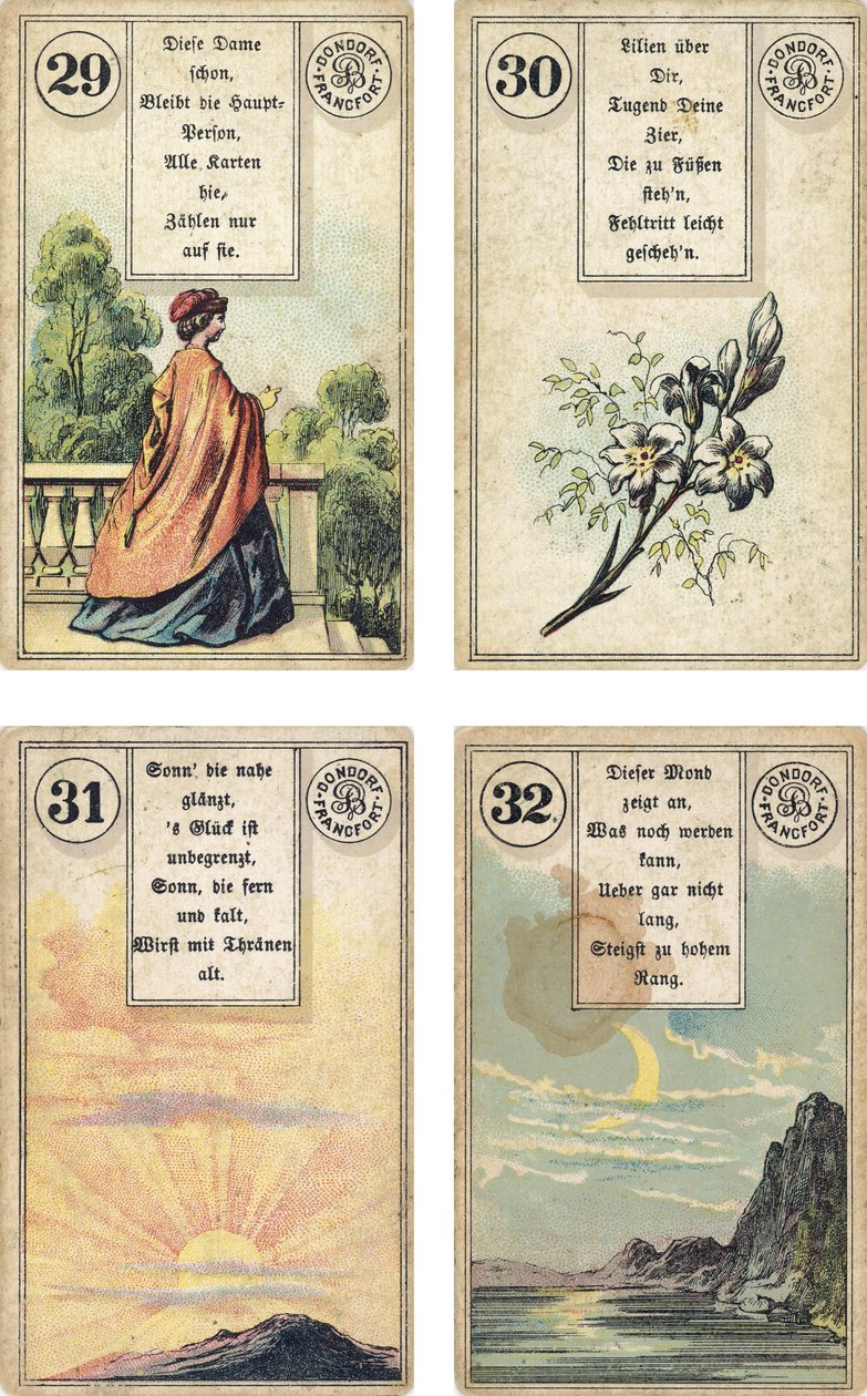 طبعة ألمانية من مجموعة Lenormand الفرنسية لكراميات: The Lady، The Lilies The Lily، The Sun، The Moon ، نشرتها Dondorf ، فرانكفورت ، القرن التاسع عشر بواسطة المدرسة الفرنسية