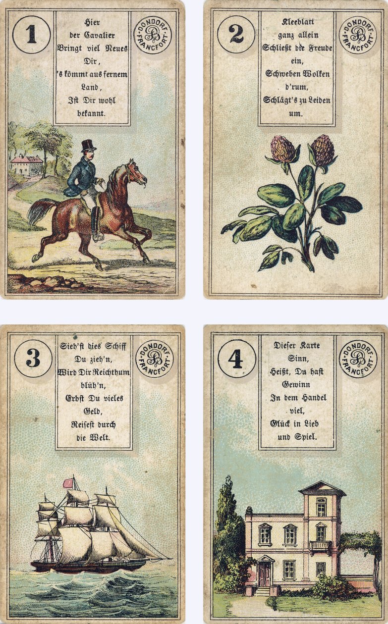 النسخة الألمانية من سطح Lenormand الفرنسي لكرتون الخيول: The Rider ، The Clover ، The Ship ، The House ، نشرها Dondorf ، فرانكفورت ، القرن التاسع عشر بواسطة المدرسة الفرنسية