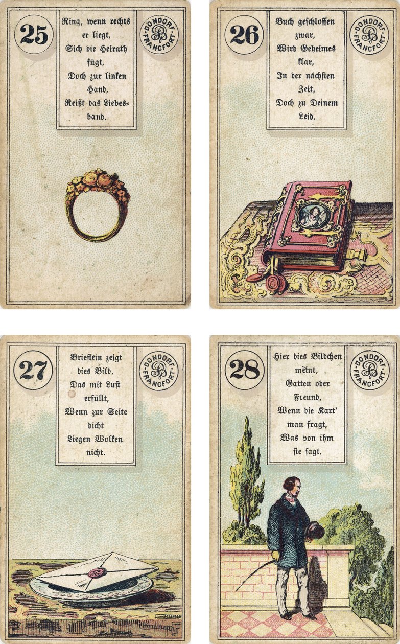 النسخة الألمانية من سطح Lenormand الفرنسي لسيطرة Cartomancy: The Ring ، The Book ، The Letter ، The Gentleman ، نشرها Dondorf ، فرانكفورت ، القرن التاسع عشر بواسطة المدرسة الفرنسية