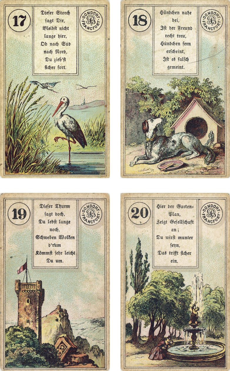 النسخة الألمانية من سطح Lenormand الفرنسي لسيطرة Cartomancy: The Stork ، The Dog ، The Tower ، The Garden ، نشرها Dondorf ، فرانكفورت ، القرن التاسع عشر بواسطة المدرسة الفرنسية