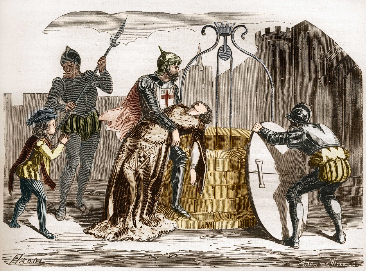 جيل دي رايس (ريتز أو رايز) (1404-1440) ، مارشال من فرنسا يجعل زوجته بيري. نقش في "تاريخ الدعارة والفجور بين جميع شعوب العالم من العصور القديمة وحتى يومنا هذا" للدكتور ث. -F. ديبريه. 1879. بواسطة المدرسة الفرنسية