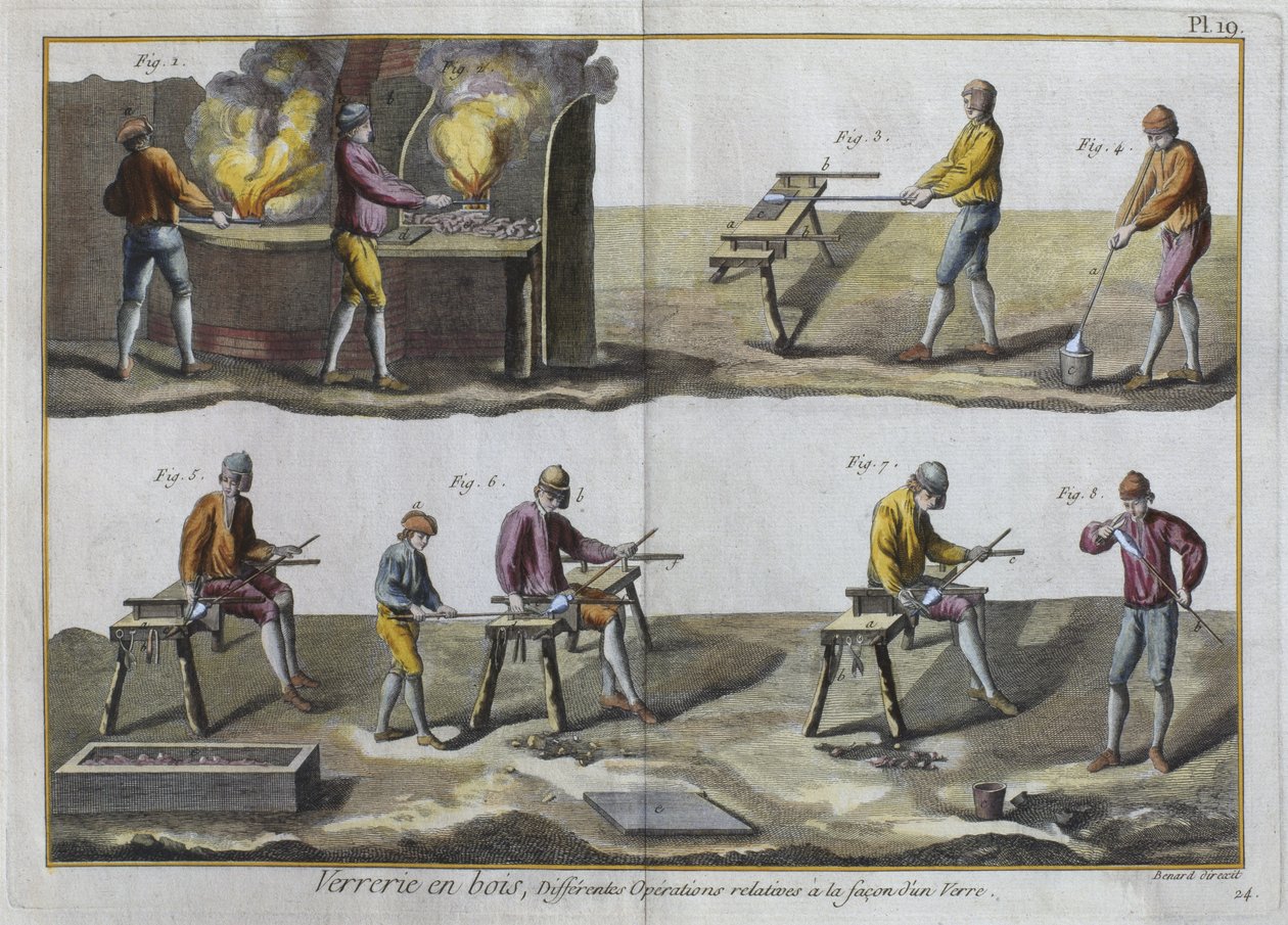 نفخ الزجاج ، رسم توضيحي من موسوعة العلوم والعدادات بواسطة دينيس ديدرو (1713-1784) منقوش بواسطة روبرت بينارد (fl.1734) المنشور c.1770 (نقش الألوان) (انظر أيضًا 326119) بواسطة المدرسة الفرنسية