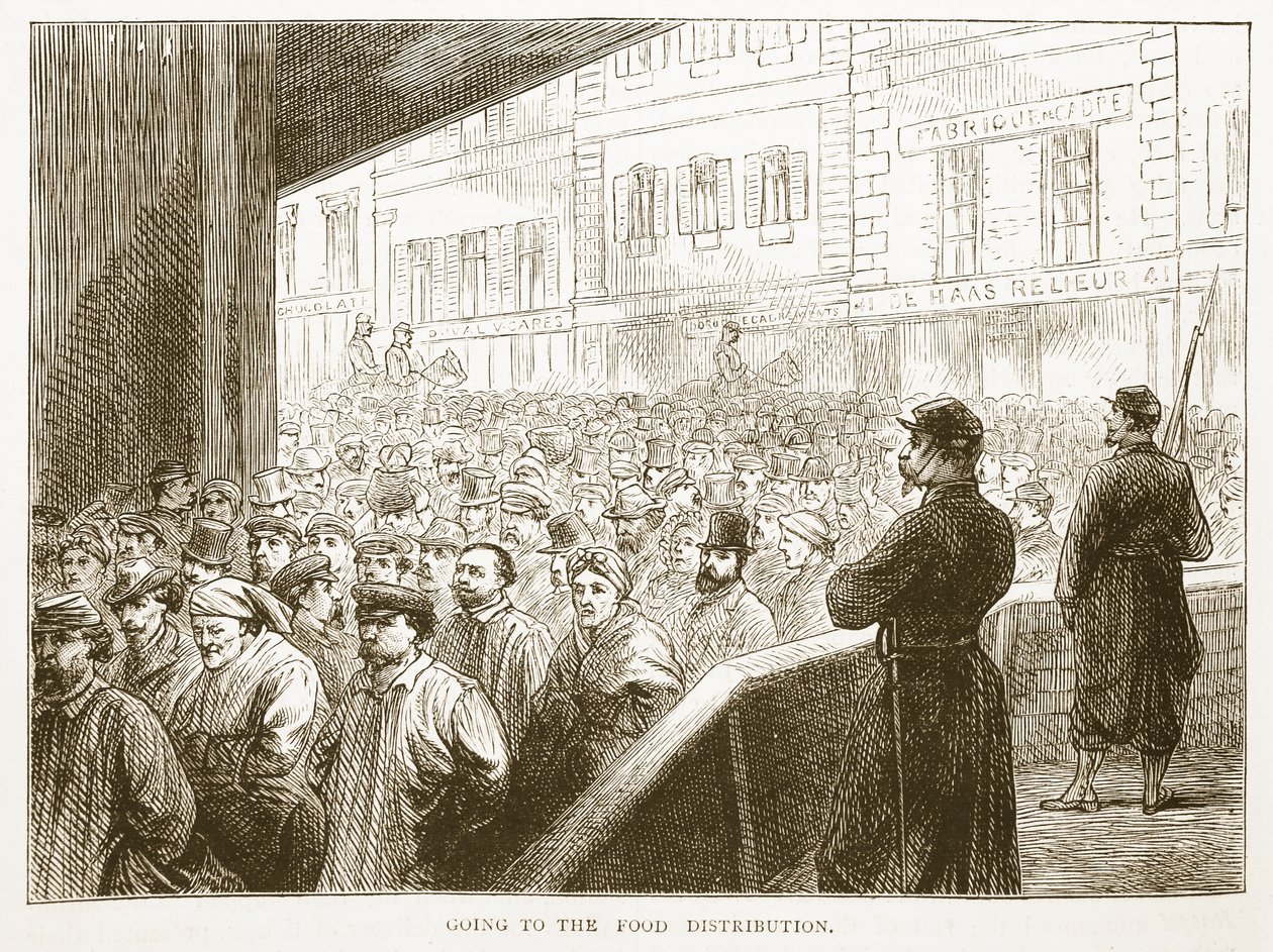 الذهاب إلى توزيع الطعام ، رسم توضيحي من كاسيلس تاريخ الحرب بين فرنسا وألمانيا ، 1870-1871 بواسطة المدرسة الفرنسية