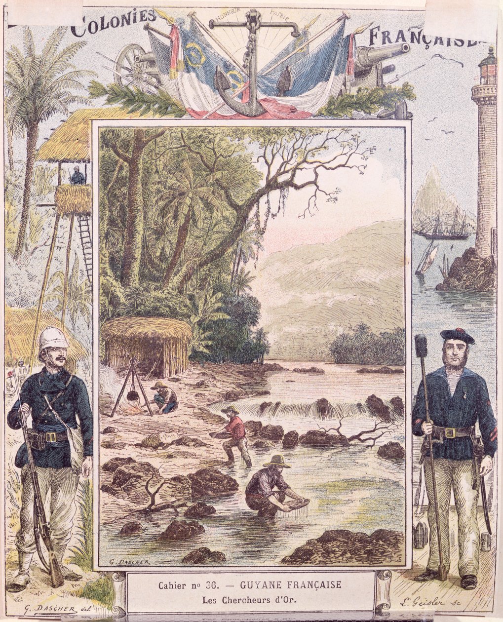 المنقبون عن الذهب في غيانا الفرنسية ، غلاف كتاب التمارين المدرسية ، c.1880 بواسطة المدرسة الفرنسية