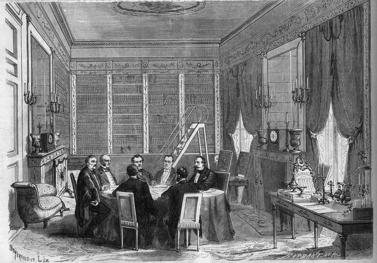 حكومة الإمبراطورية الثانية: مجلس الوزراء برئاسة الإمبراطور نابليون الثالث (1808-1873) وعُقد في مكتبة قصر كومبيين بواسطة المدرسة الفرنسية