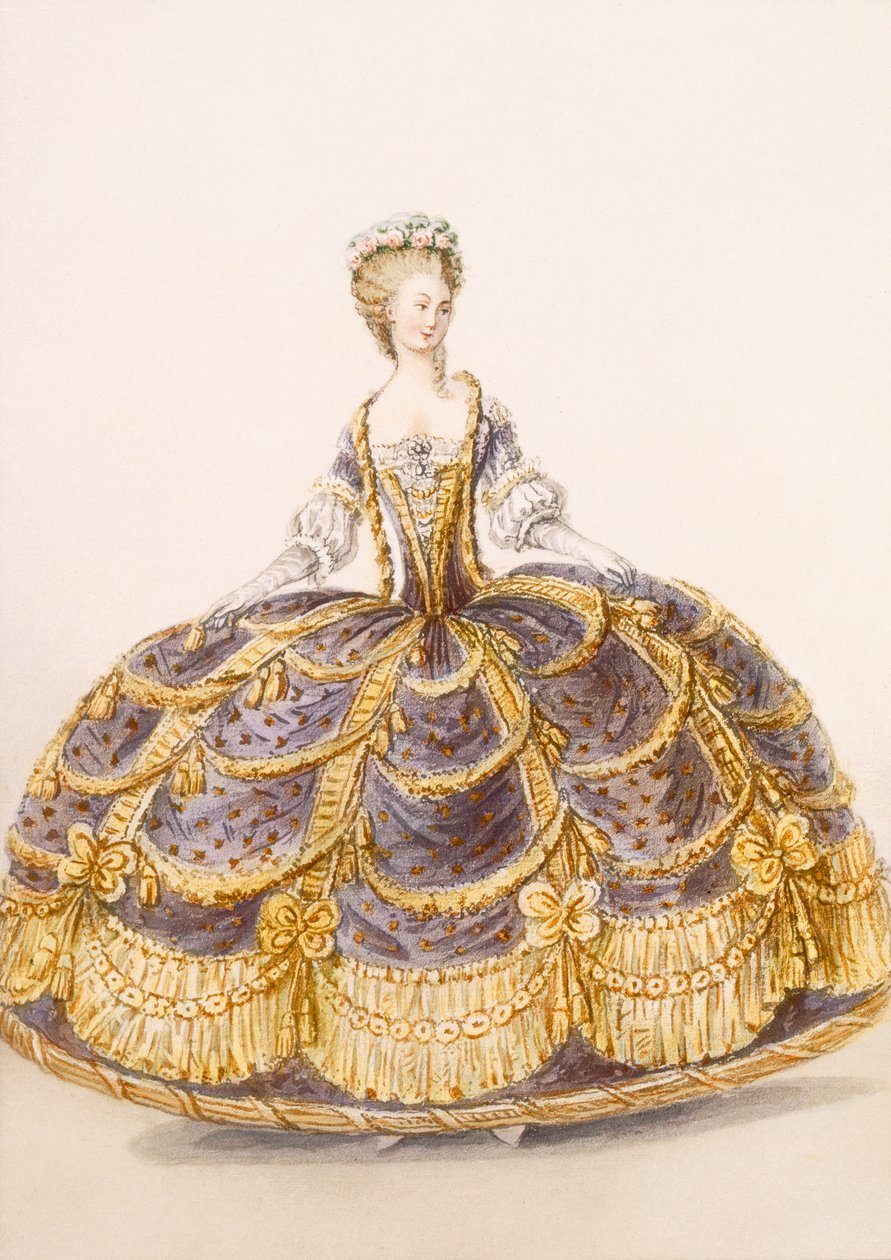 ثوب مناسب للعرض في المحكمة ، لوحة من Galeries des Modes et Costumes Francais ، c.1778-87 99: ملابس ؛ لباس تقليدي لباس تقليدي؛ موضه؛ توضيح؛ بواسطة المدرسة الفرنسية
