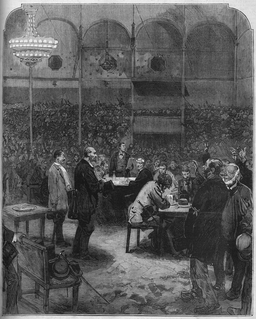 Greve des cochers de charres de Paris في عام 1878: انتخاب مندوبين لشركة Petites Cars (Petite-Cars) في سيرك فرناندو. نقش في "" Le Monde Illustré "" رقم 1116 بتاريخ 17 أغسطس 1878. بواسطة المدرسة الفرنسية