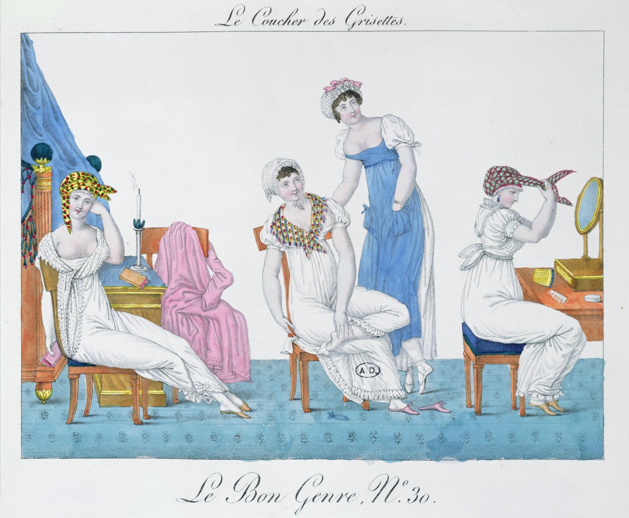 Grisettes تستعد للسرير ، اللوحة 30 من Le Bon Genre ، أوائل القرن التاسع عشر (لون ليثو) بواسطة المدرسة الفرنسية