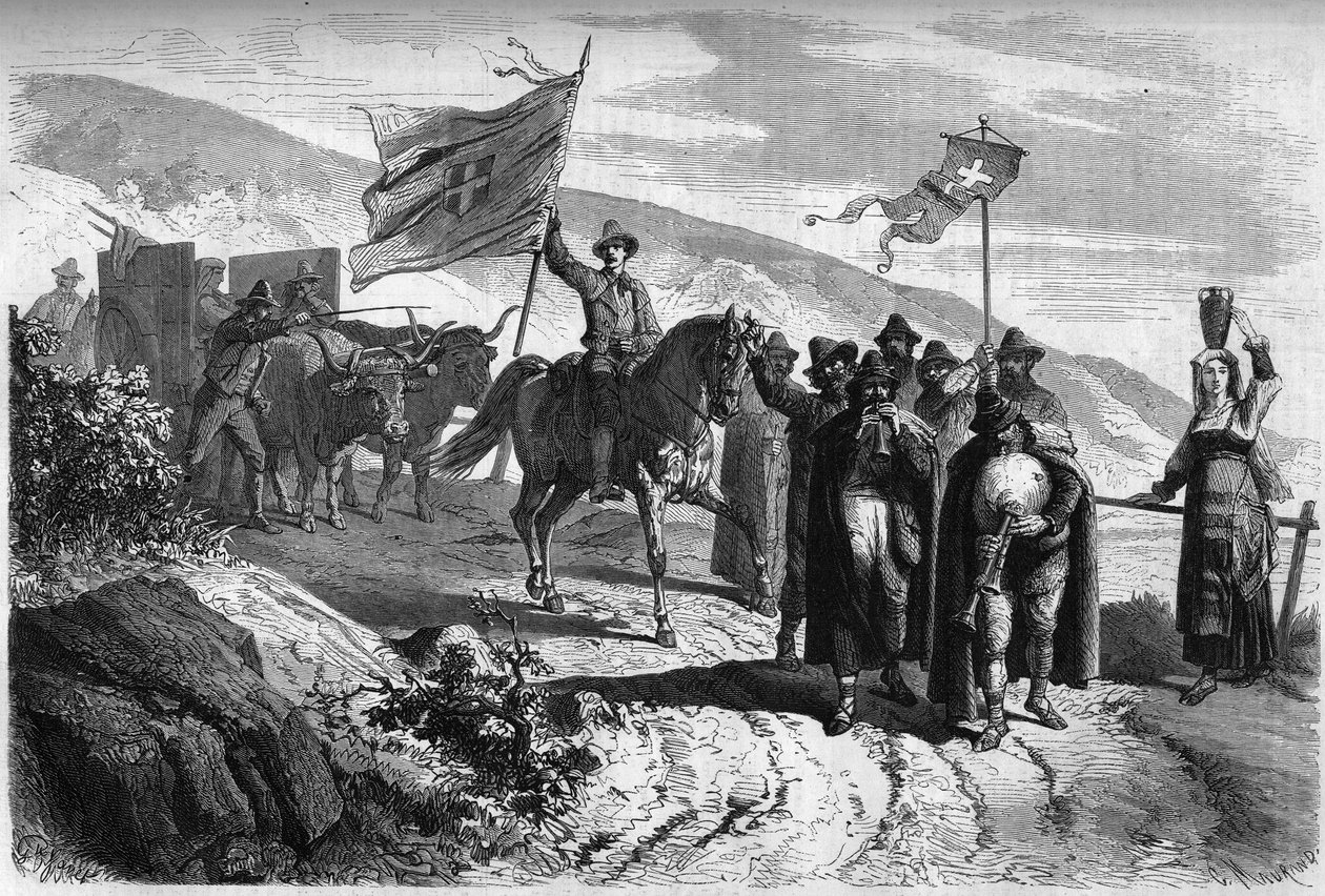 مجموعة من "بيفيراري" (المتسولين والموسيقيين الذين يمشون على الأقدام من إيطاليا) يغادرون مقاطعة أبروتسو إلى نابولي بمناسبة أسبوع الآلام. نقش في "" Le Monde Illustré "" رقم 364 بتاريخ 2 أبريل بواسطة المدرسة الفرنسية