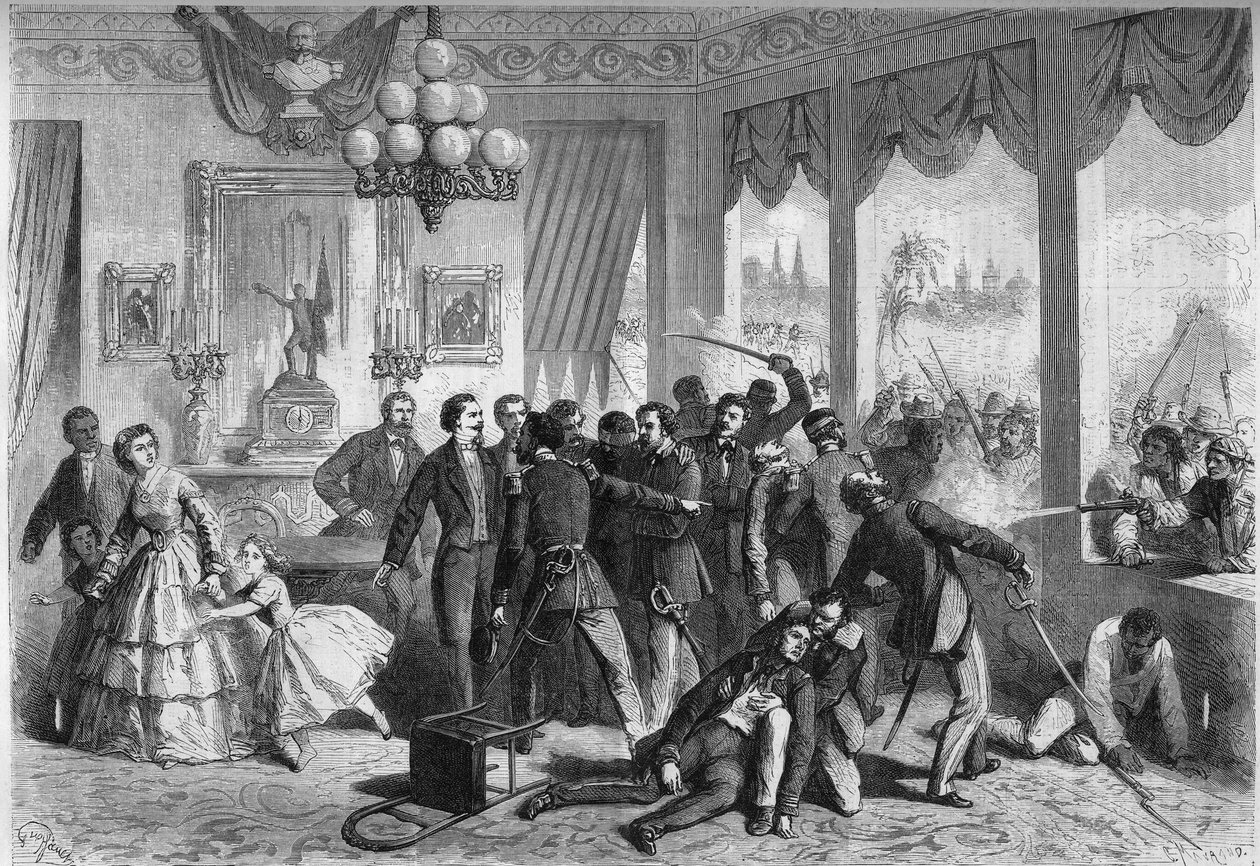 الحرب الإسبانية في أمريكا الجنوبية - ليما (بيرو) - 5 فبراير 1865: جرح الإسبان وطاردهم سكان المدينة لجأوا إلى المفوضية الفرنسية. نقش في "Le Monde Illustre" رقم 421 بتاريخ 6 مايو 1865. بواسطة المدرسة الفرنسية