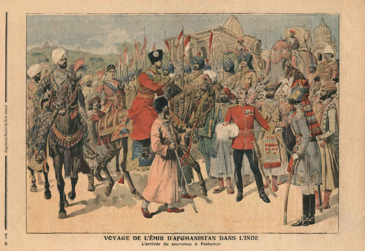 حبيب الله كان (1872-1919) أمير أفغانستان يصل إلى بيشاور ، الهند ، صورة توضيحية من "لو بيتيت جورنال" ، ملحق إيلوستري ، 20 يناير 1907 بواسطة المدرسة الفرنسية