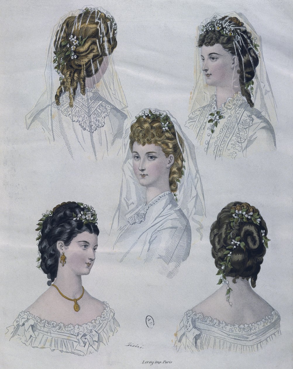 تسريحات الشعر ، التوضيح من La Mode illustree ، 1872 (نقش الألوان) بواسطة المدرسة الفرنسية