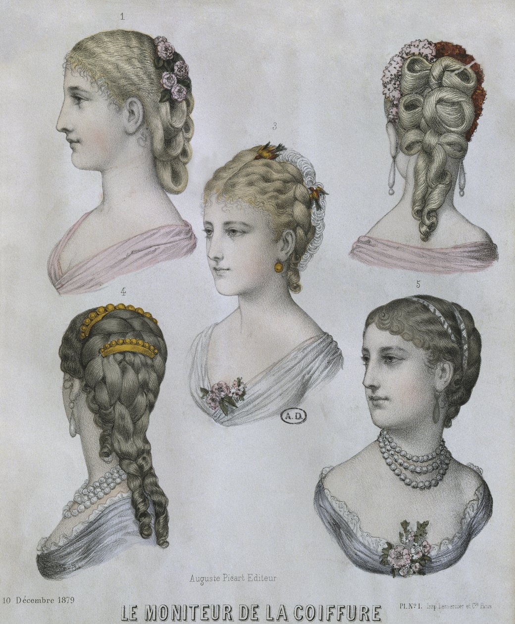 تسريحات الشعر ، رسم توضيحي من Le Moniteur de la Coiffure ، 10 ديسمبر 1879 (نقش ملون) بواسطة المدرسة الفرنسية